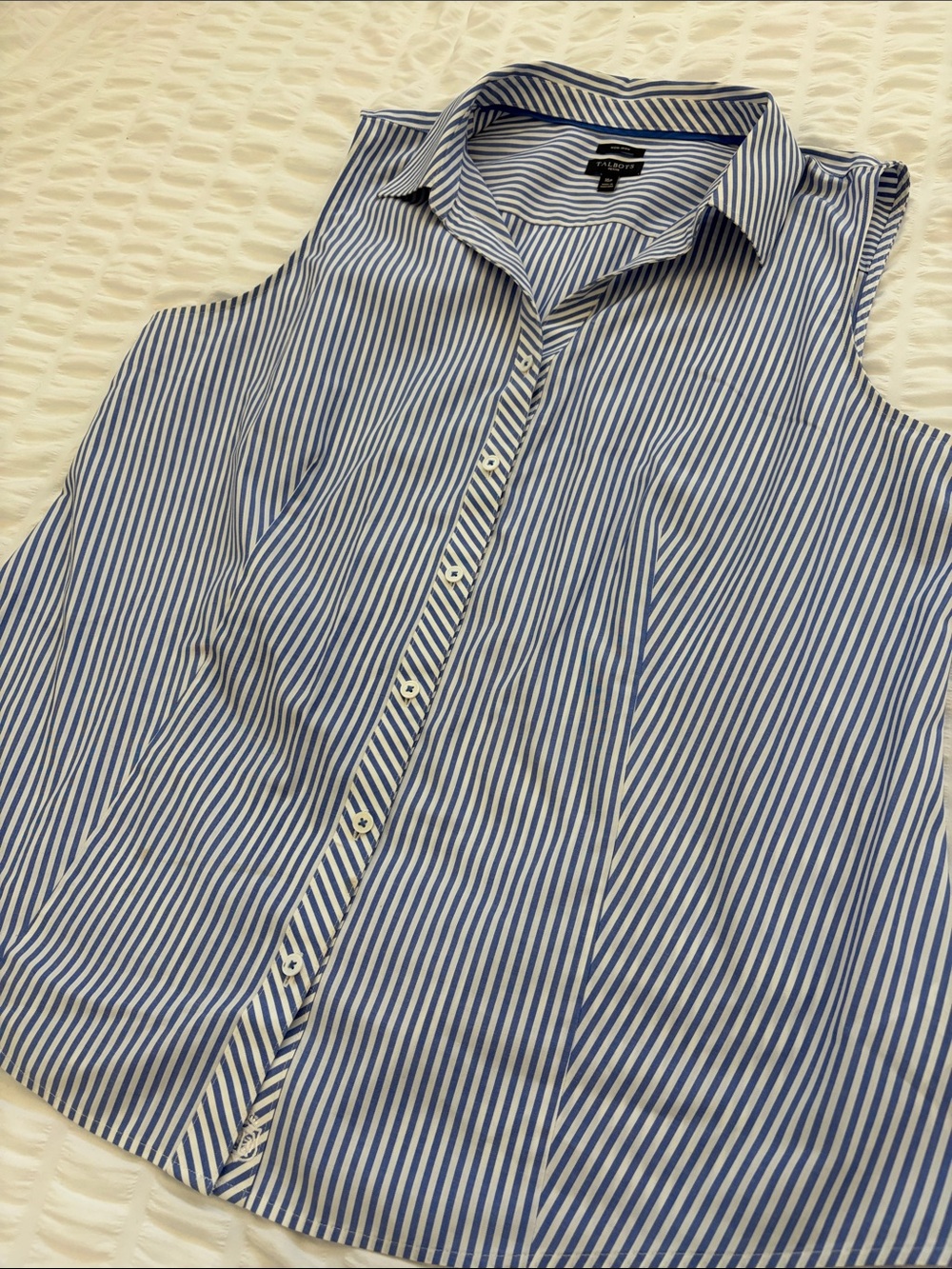 Talbots Blue/White Vertical-Striped Sleeveless Button-Down Shirt. Petite No Iron - Picture 8 of 9